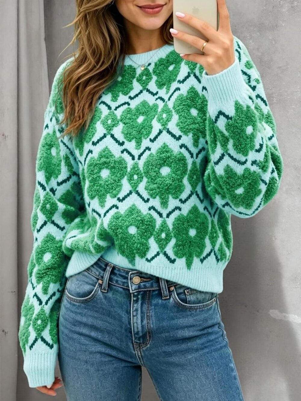 Women's Green Floral Crewneck Long Sleeve Oversized Knit Casual Winter Sweater - Picture 2 of 6